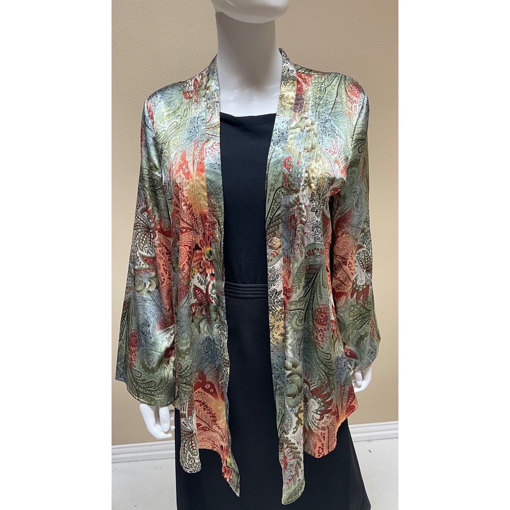 Chicos Kimono Cardigan Green Blue Orange Paisley Floral EUC Boho Whimsy Artsy